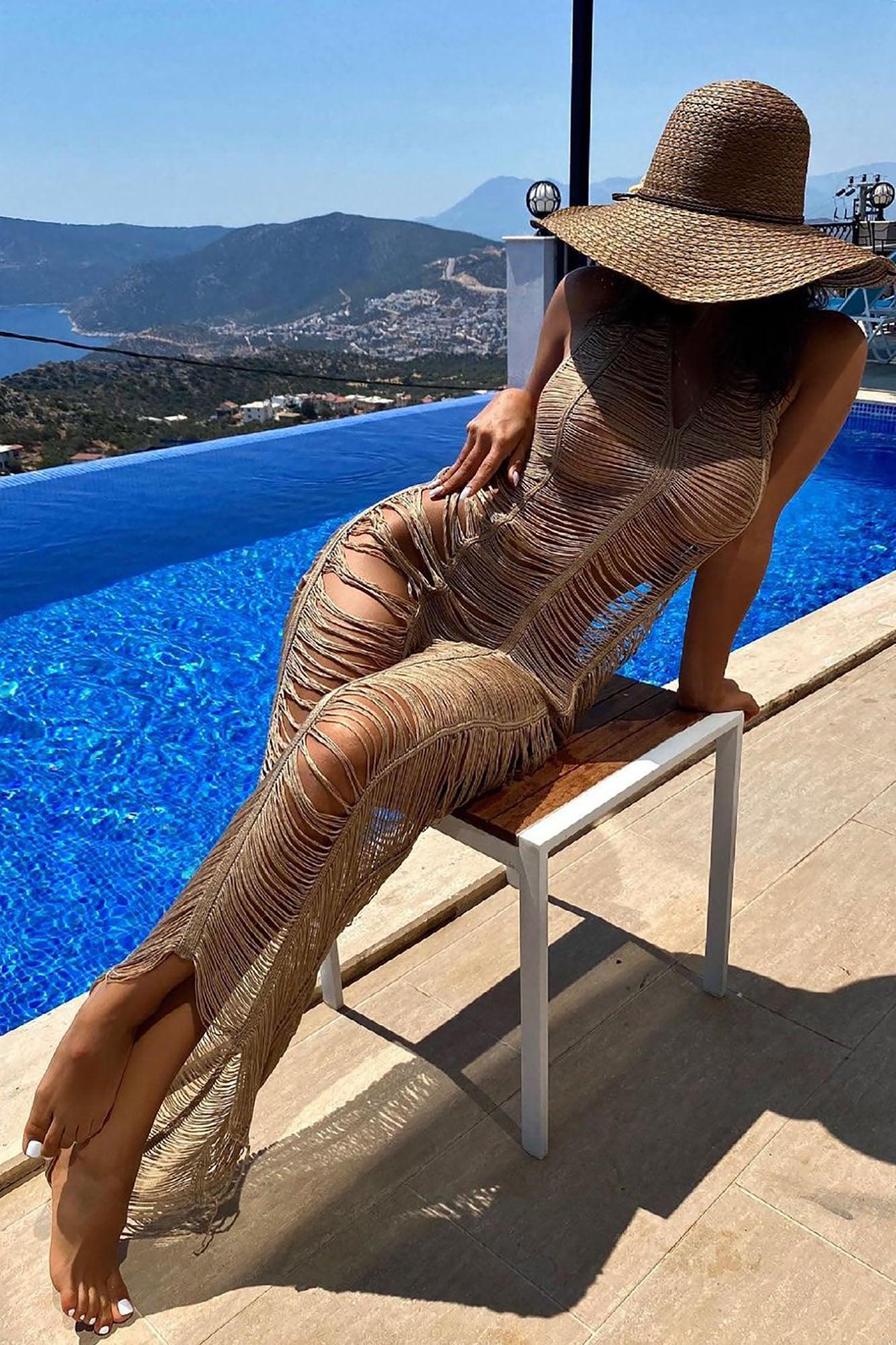 Relaxing All Summer Crochet Cover Up Maxi Dress - Mocha Product Image