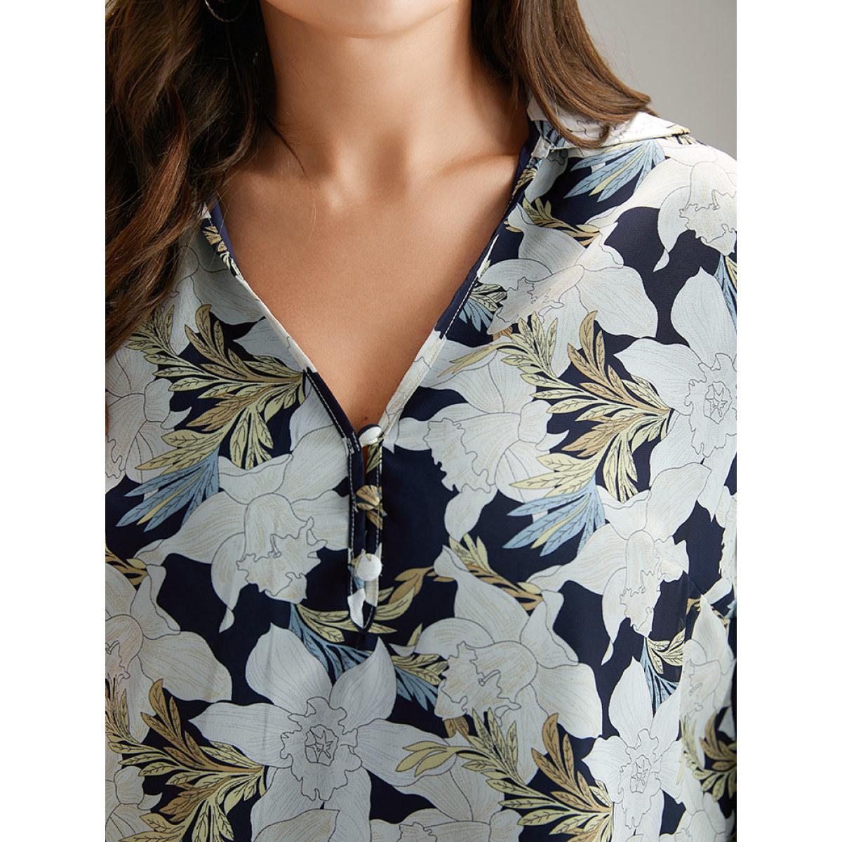 Plus Size DarkBlue Chiffon Silhouette Floral Print Shirred Frill Trim Blouse Women Elegant Long Sleeve V-neck Dailywear Blouses BloomChic 18-20/2X Product Image