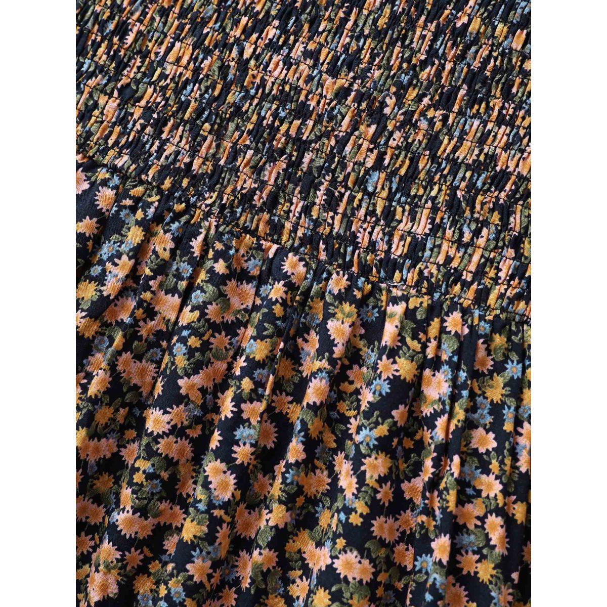 Plus Size Ditsy Floral Shirred Pocket Pleated Frill Trim Dress Indigo Women Leisure Elastic cuffs Round Neck Long Sleeve Curvy Midi Dress BloomChic 26/4X Product Image