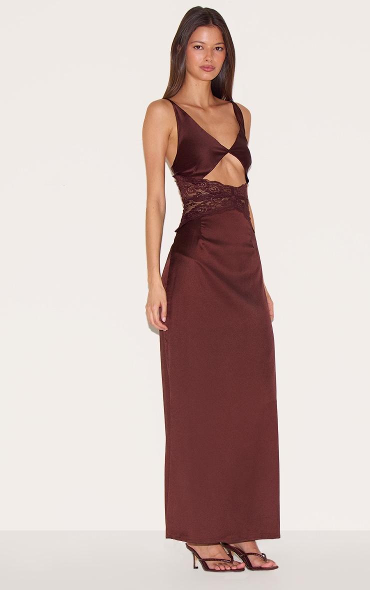 Chocolate Satin Lace Insert Maxi Dress Product Image