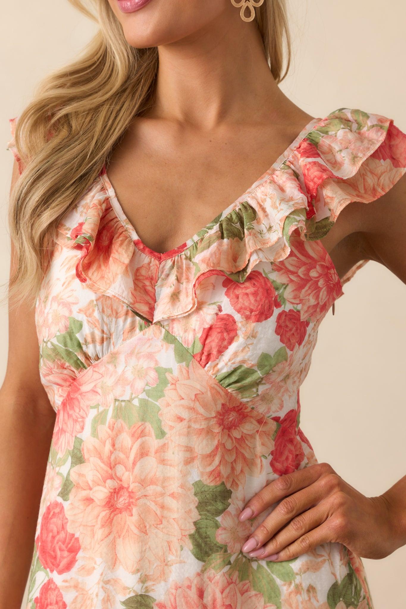 MINKPINK Apricot Floral Aida Frill Maxi Dress Product Image