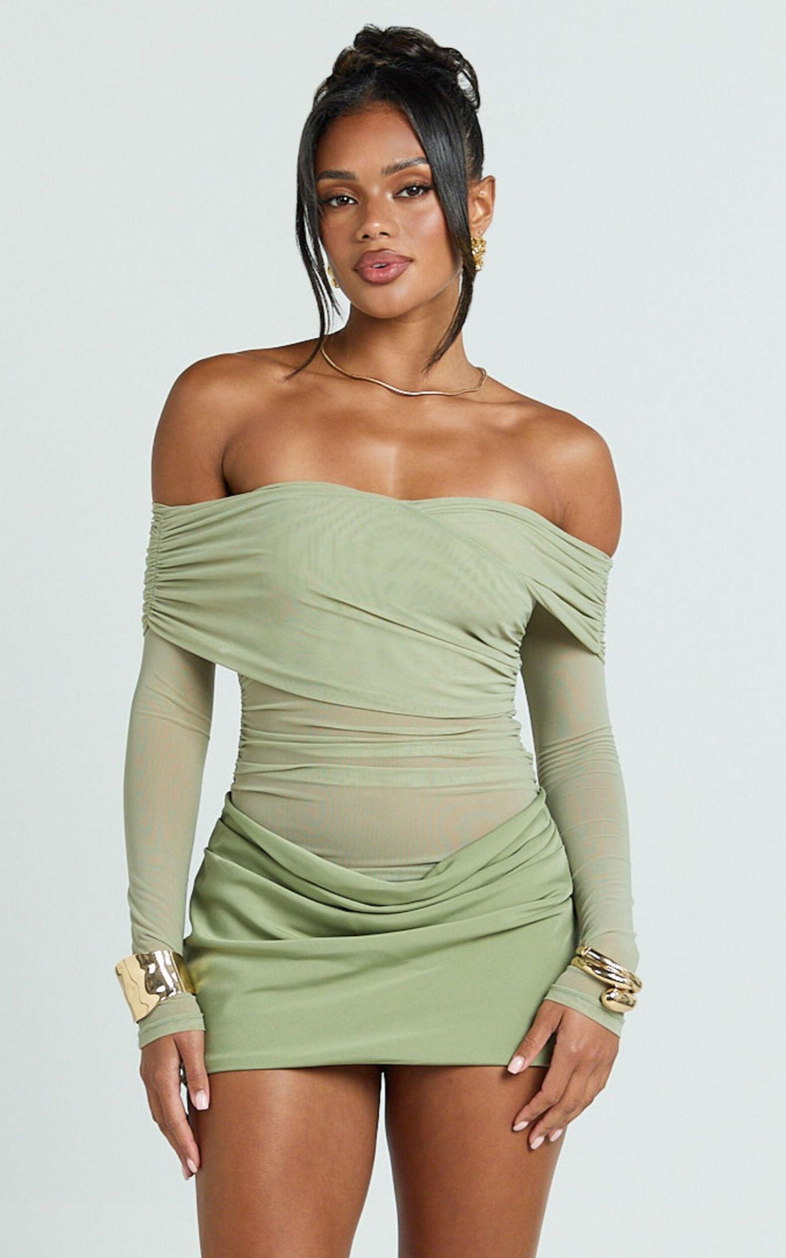 Jade Mini Dress - Long Sleeve Off Shoulder Draped Bias Cut Dress in Sage Product Image