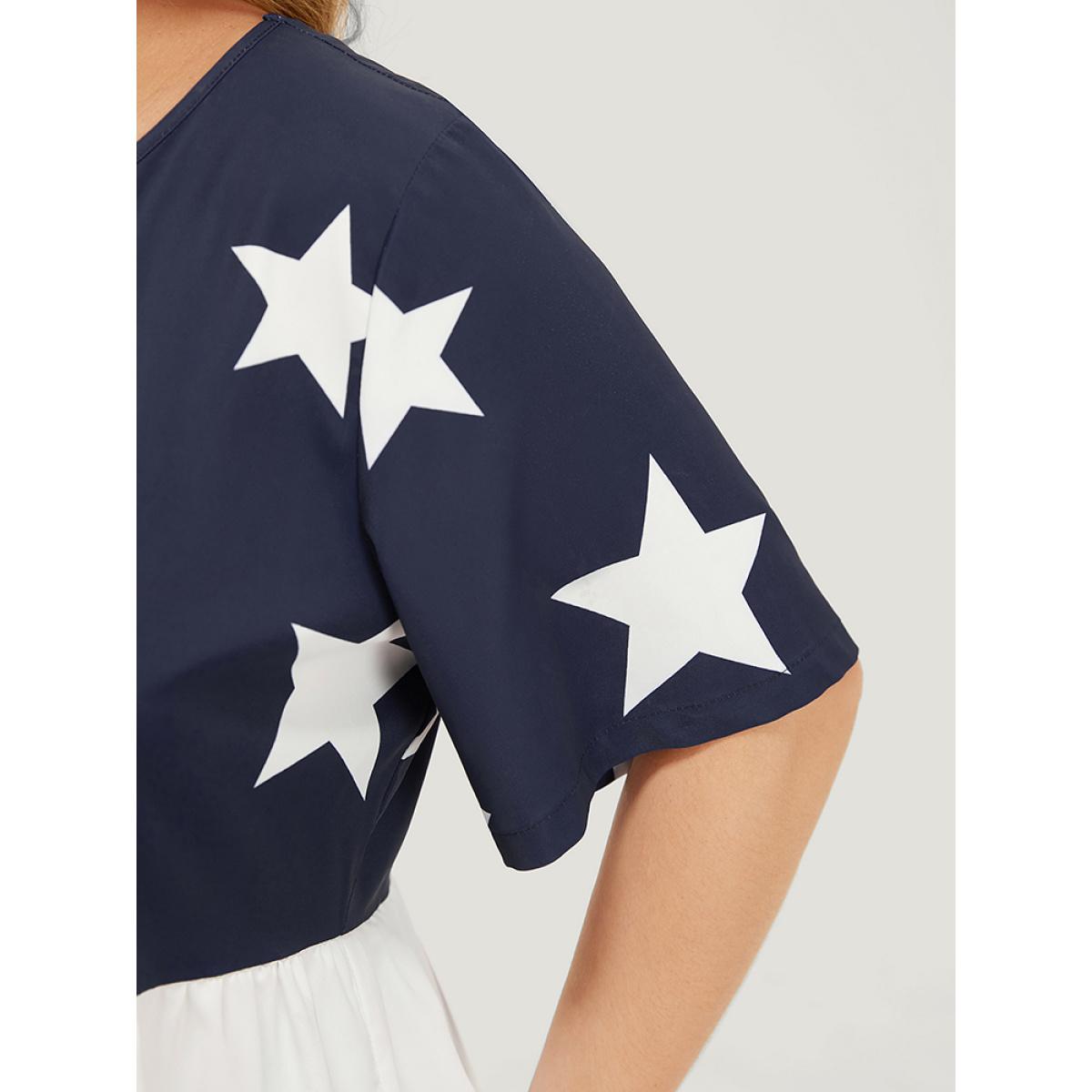 Plus Size Multicolor Star Patchwork Contrast Layered Hem Blouse Women Elegant Short sleeve Round Neck Everyday Blouses BloomChic 12/L Product Image