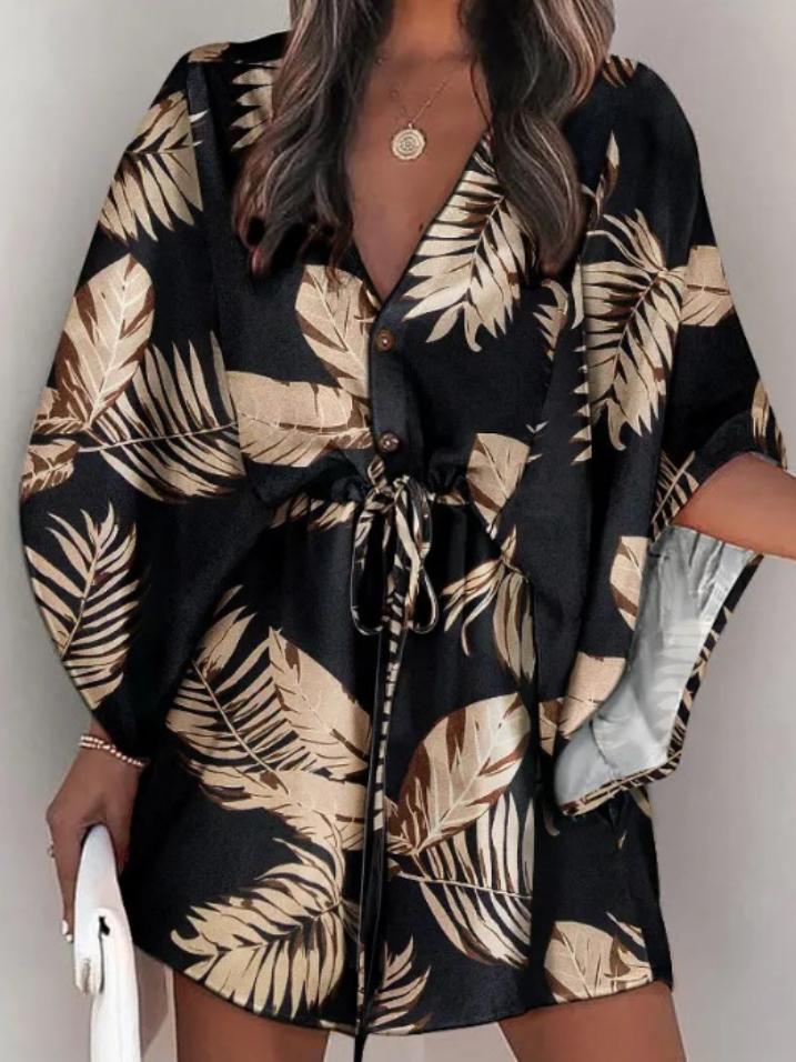 Original Loose Leaf Printed Contrast Color Tied Buttoned Mini Shirt Dress Product Image