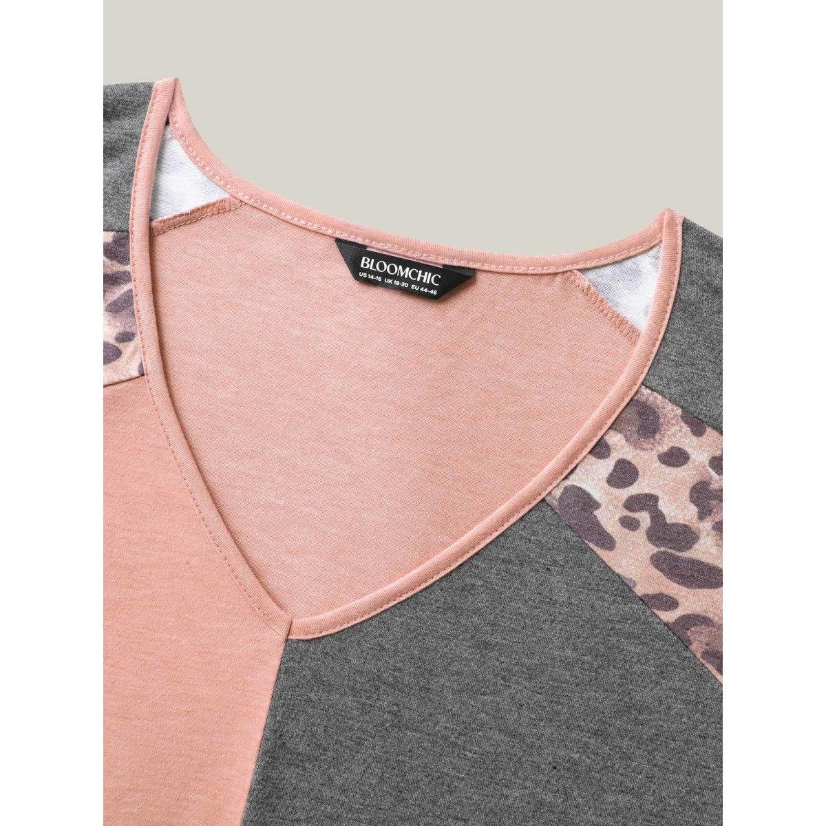 Plus Size Leopard Print Color Contrast T-Shirt Multicolor Women Leisure Contrast V-neck Casual T-shirts BloomChic 28/5X Product Image