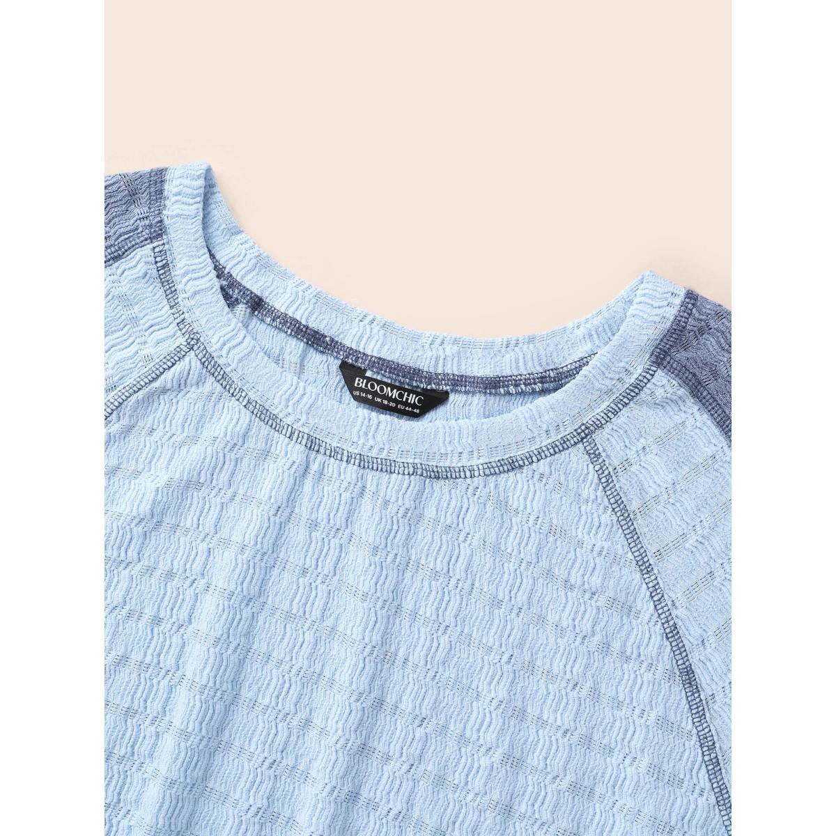 Plus Size Contrast Patchwork Texture Raglan Sleeve T-shirt LightBlue Women Casual Texture Round Neck Everyday T-shirts BloomChic 30/6X Product Image