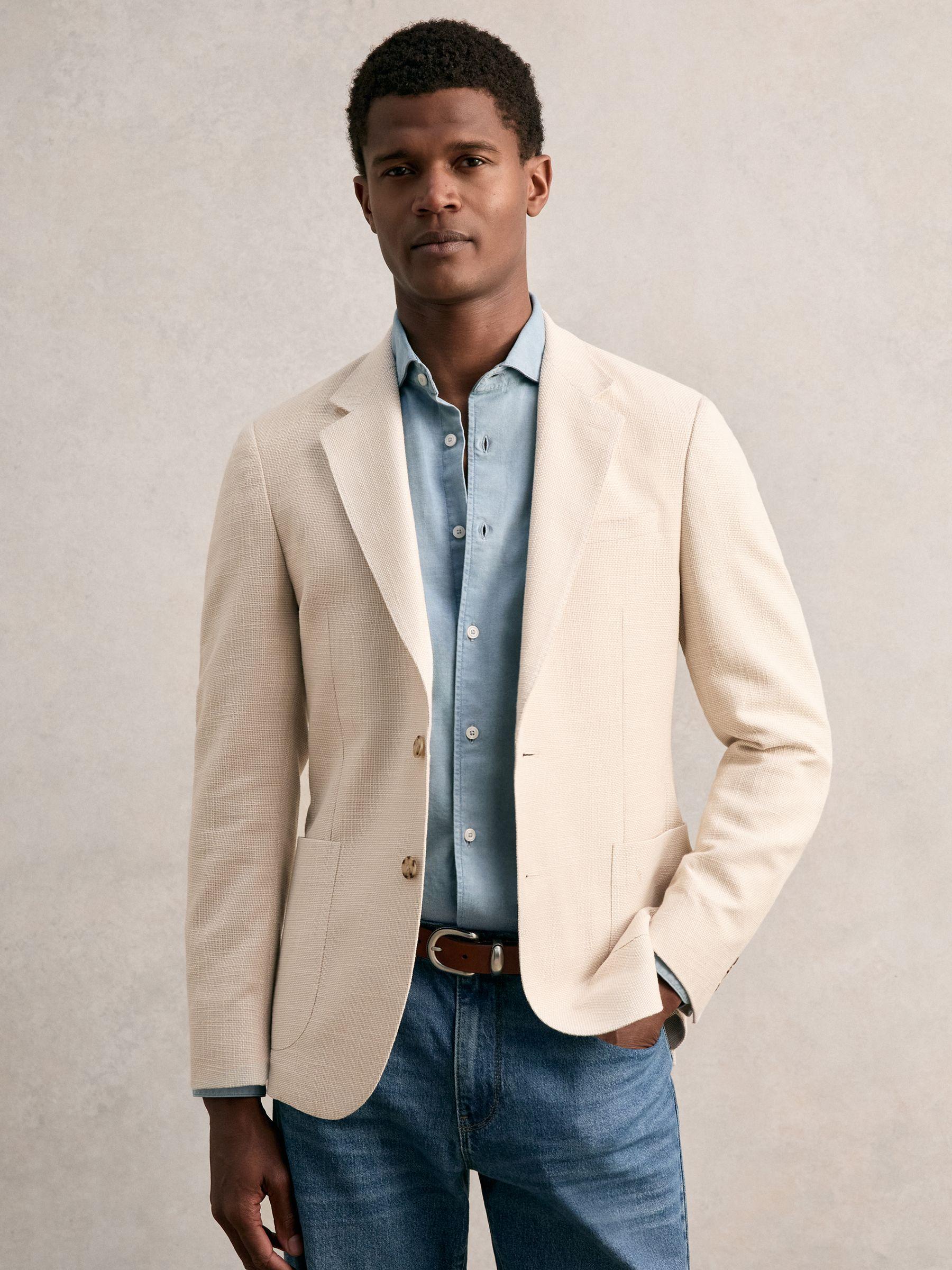 Slim Fit Single Breasted Textured Blazer with Cotton in Stone Product Image