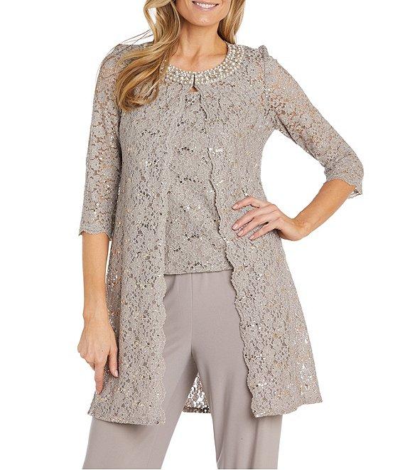 R & M Richards 3/4 Sleeve Sequin And Pearl Embellished Crew Neck Lace 3-Piece Pant Set Product Image