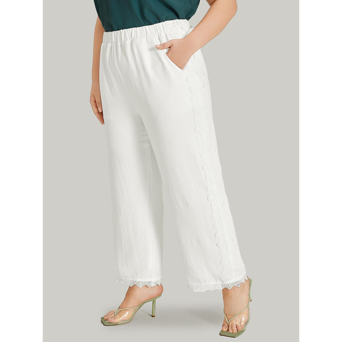 Plus Size Solid Pocket Lace Patchwork Elastic Waist Pants Women White Elegant Straight Leg High Rise Dailywear Pants BloomChic 14-16/1X Product Image