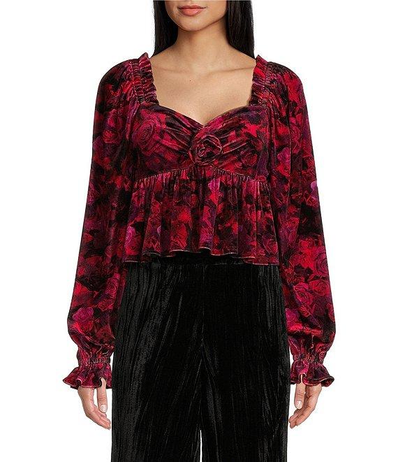 C&V Chelsea & Violet V-Neck Long Sleeve Velvet Rosette Blouse Product Image