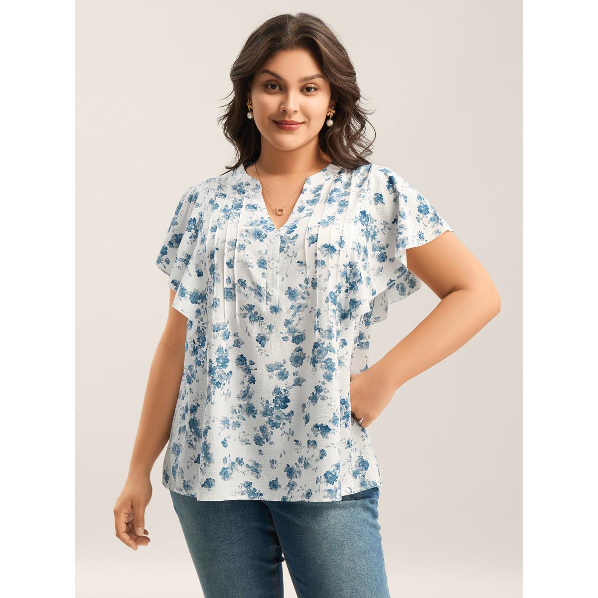 Plus Size Originalwhite Floral Toothpick Pleat Sheer Blouse Women Romantic Short sleeve Notched collar Elegant Blouses BloomChic 14-16/1X Product Image
