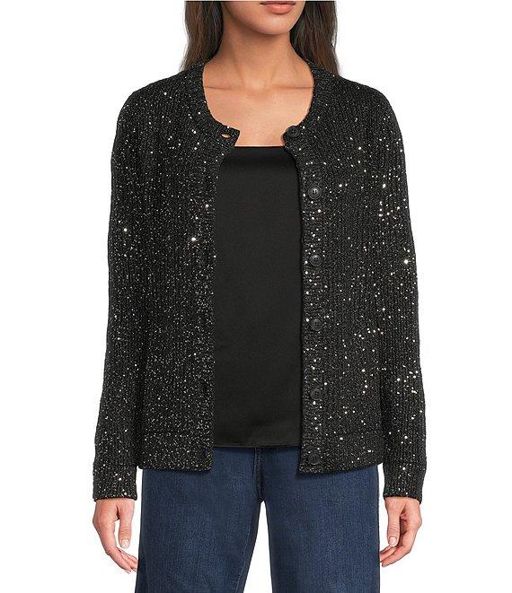 Greige Allover Sequin Crew Neck Long Sleeve Button-Front Sweater Cardigan Product Image