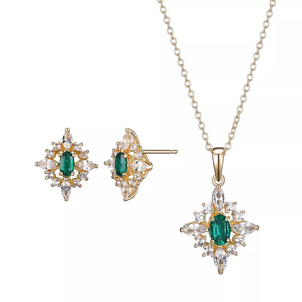 18k Gold Over Silver Lab-Created Emerald & Lab-Created White Sapphire Cluster Pendant & Earring Set, Women's, Size: 18", Gold Tone Product Image