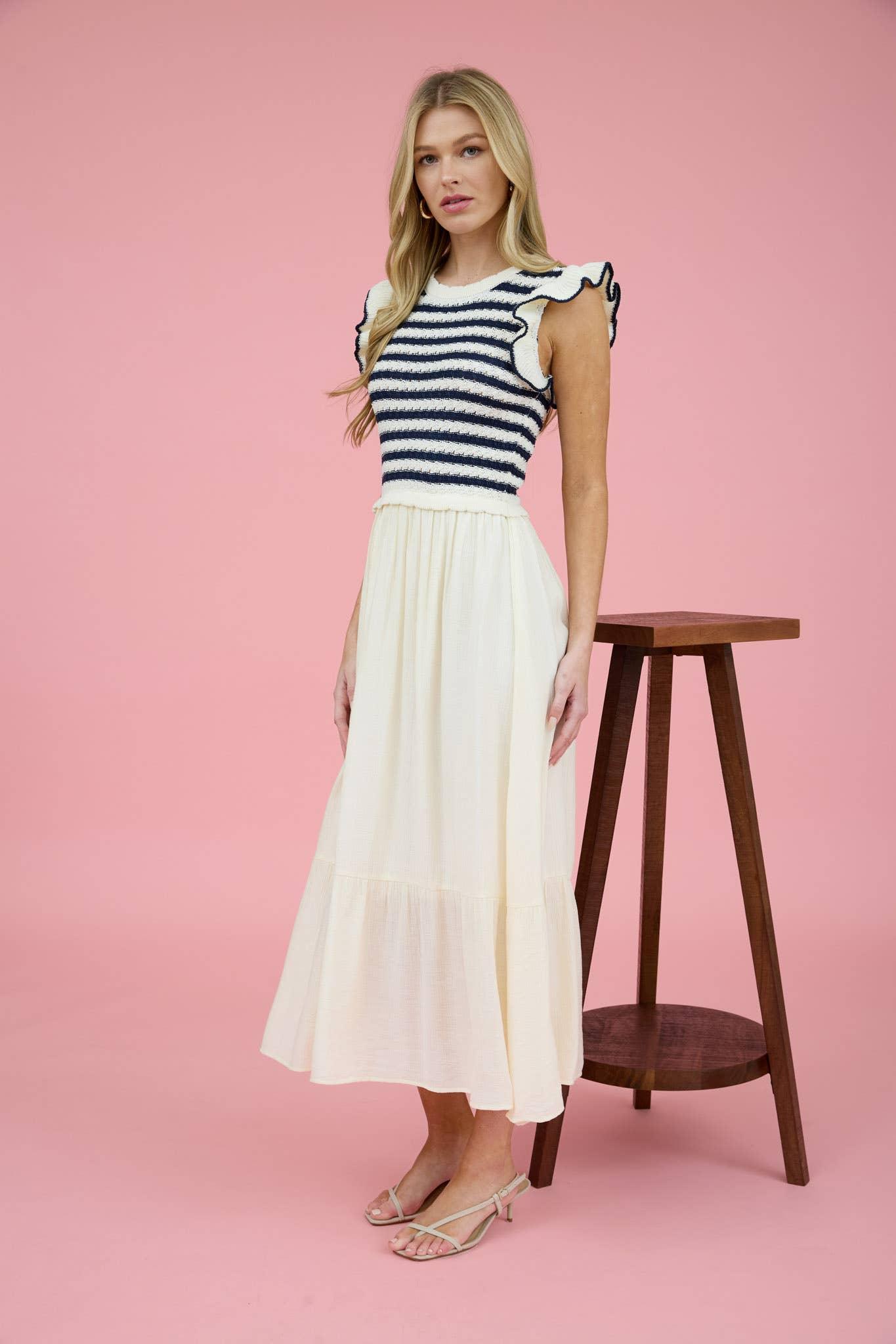 STRIPE SWEATER TOP MIXED MEDIA MIDI DRESS: NAVY Product Image
