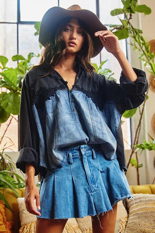 Pleated Denim Mini Skirt - Blue Product Image