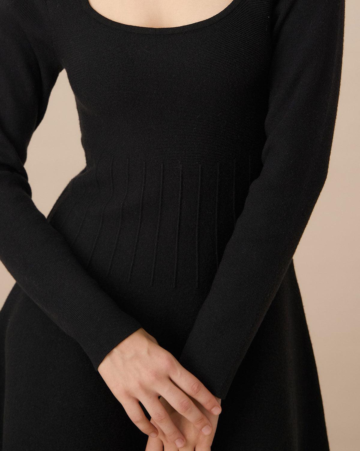 Black Square Neck Ribbed Sweater Dress Product Image