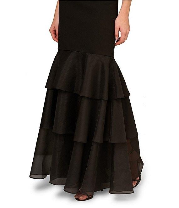 Aidan Mattox Bonded Crepe Off The Shoulder Neck Cap Sleeve Ruffle Tiered Organza Sheath Dress Product Image
