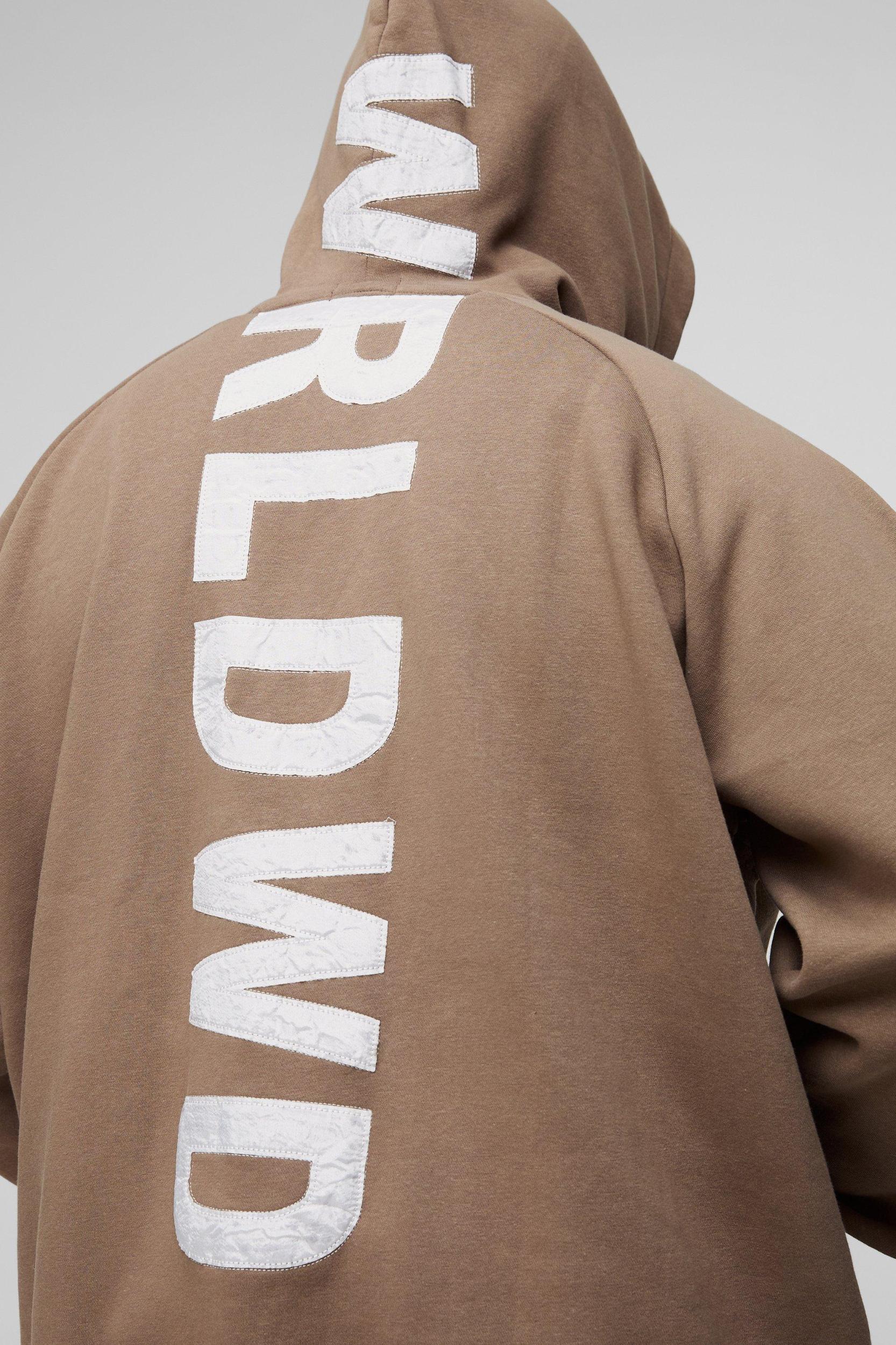 Plus Oversized Raglan Satin Applique WRLDWD Zip Thru Hoodie | boohooMAN USA Product Image