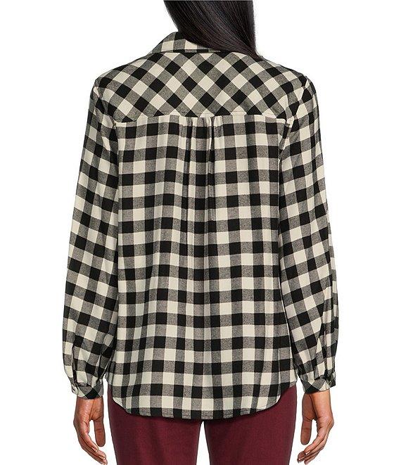 Westbound Buffalo Plaid Long Sleeve Y-Neck Button Front Collared Top Product Image