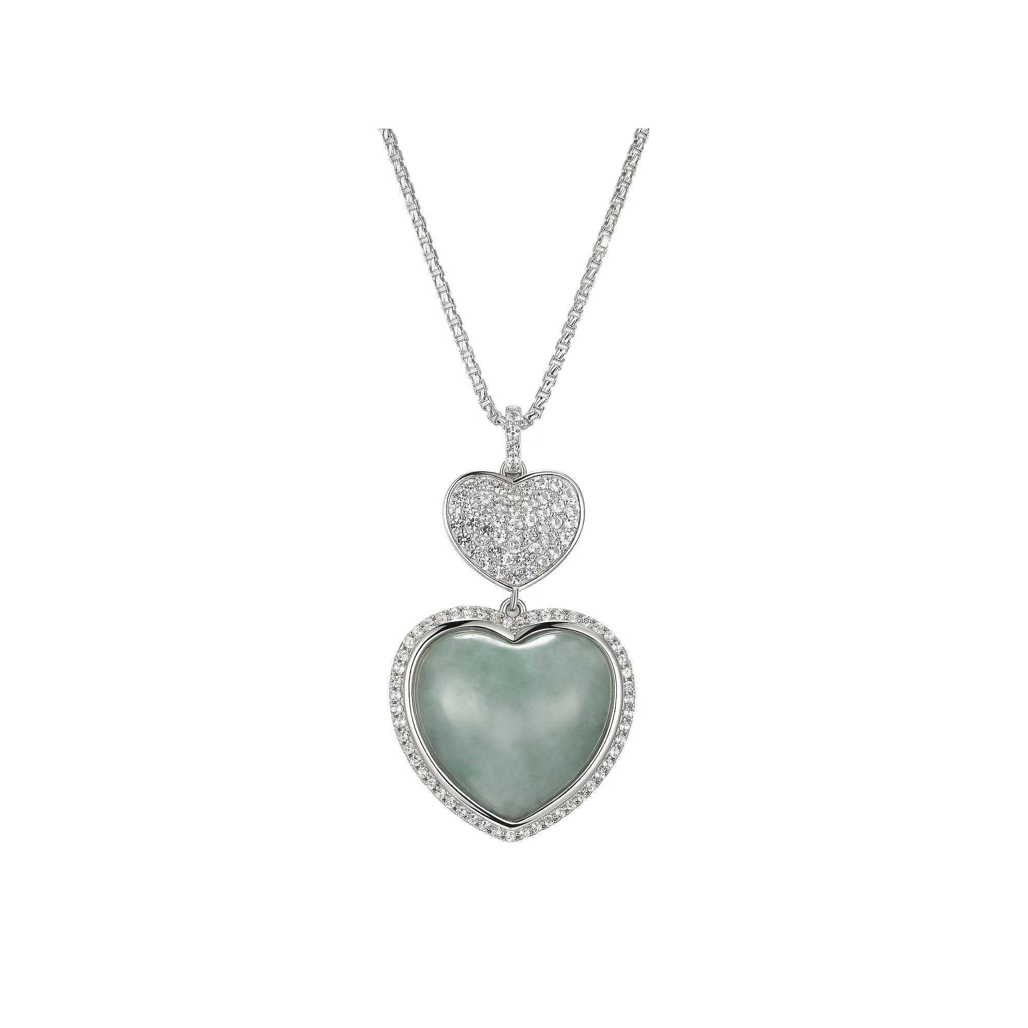 Dynasty Jade Sterling Silver Jade & White Topaz Double Heart Necklace, Women's, Size: 18-20" ADJ Product Image
