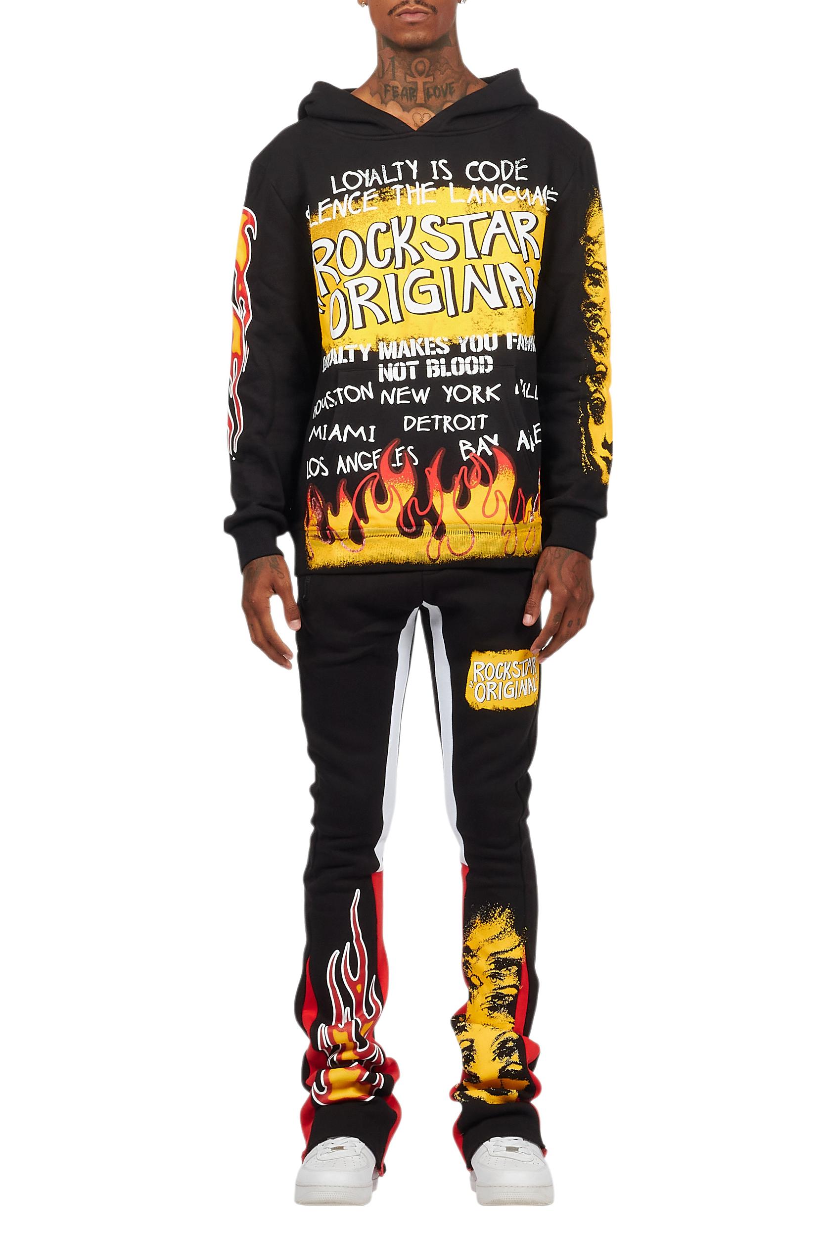 Beno Black/Yellow Stacked Flare Hoodie Track Set Male Product Image