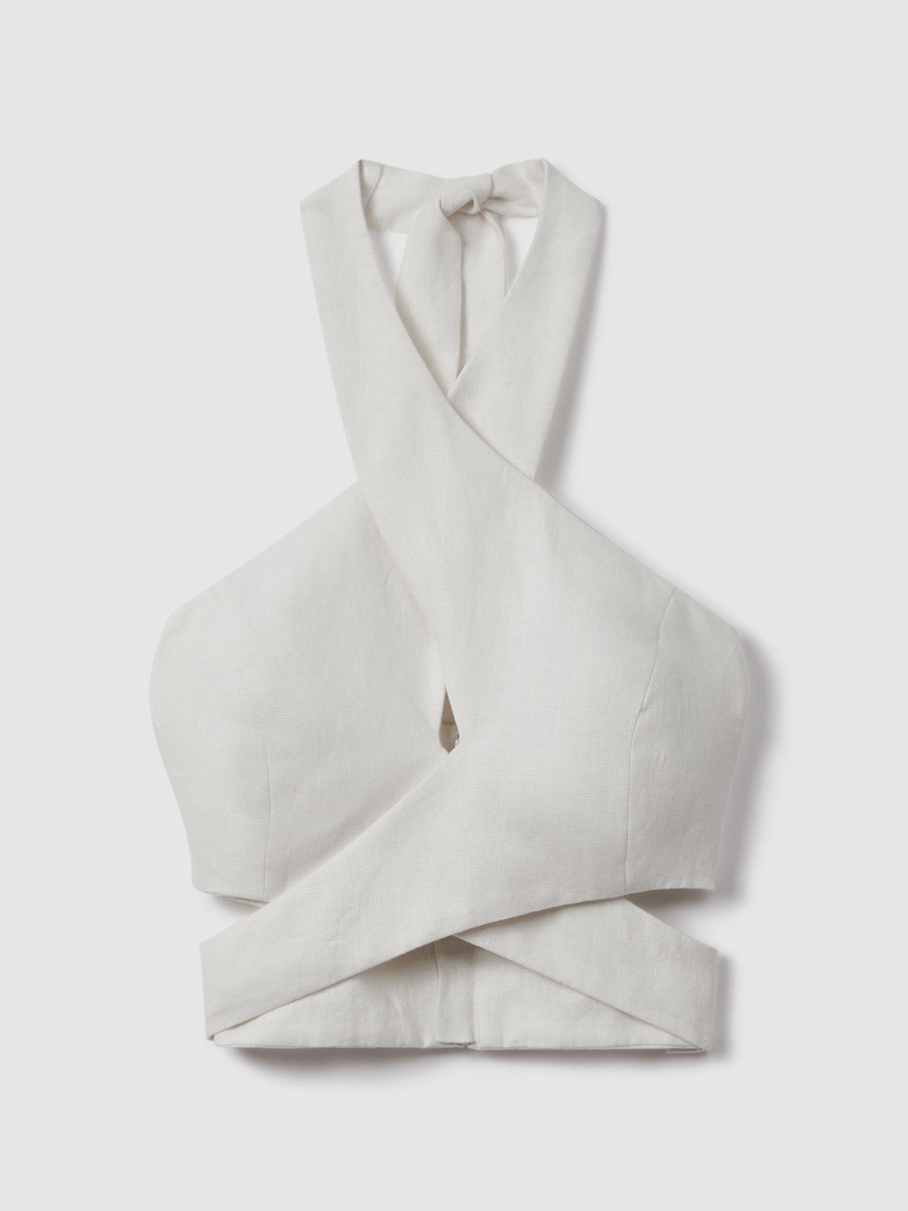 Linen Halter Neck Cropped Top in White Product Image