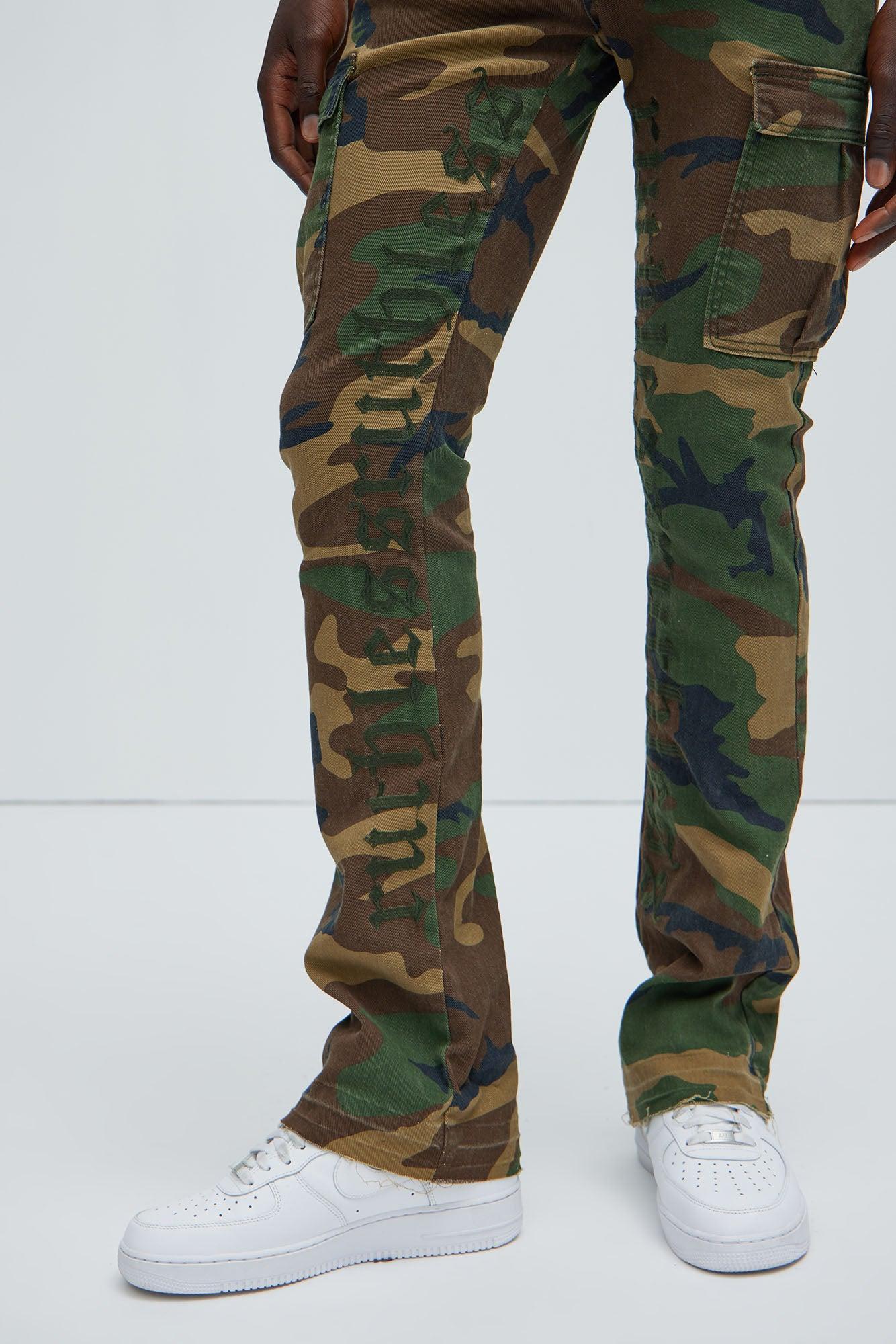 Ruthless Embroidered Stacked Skinny Cargo Flare Pants - Camouflage Product Image