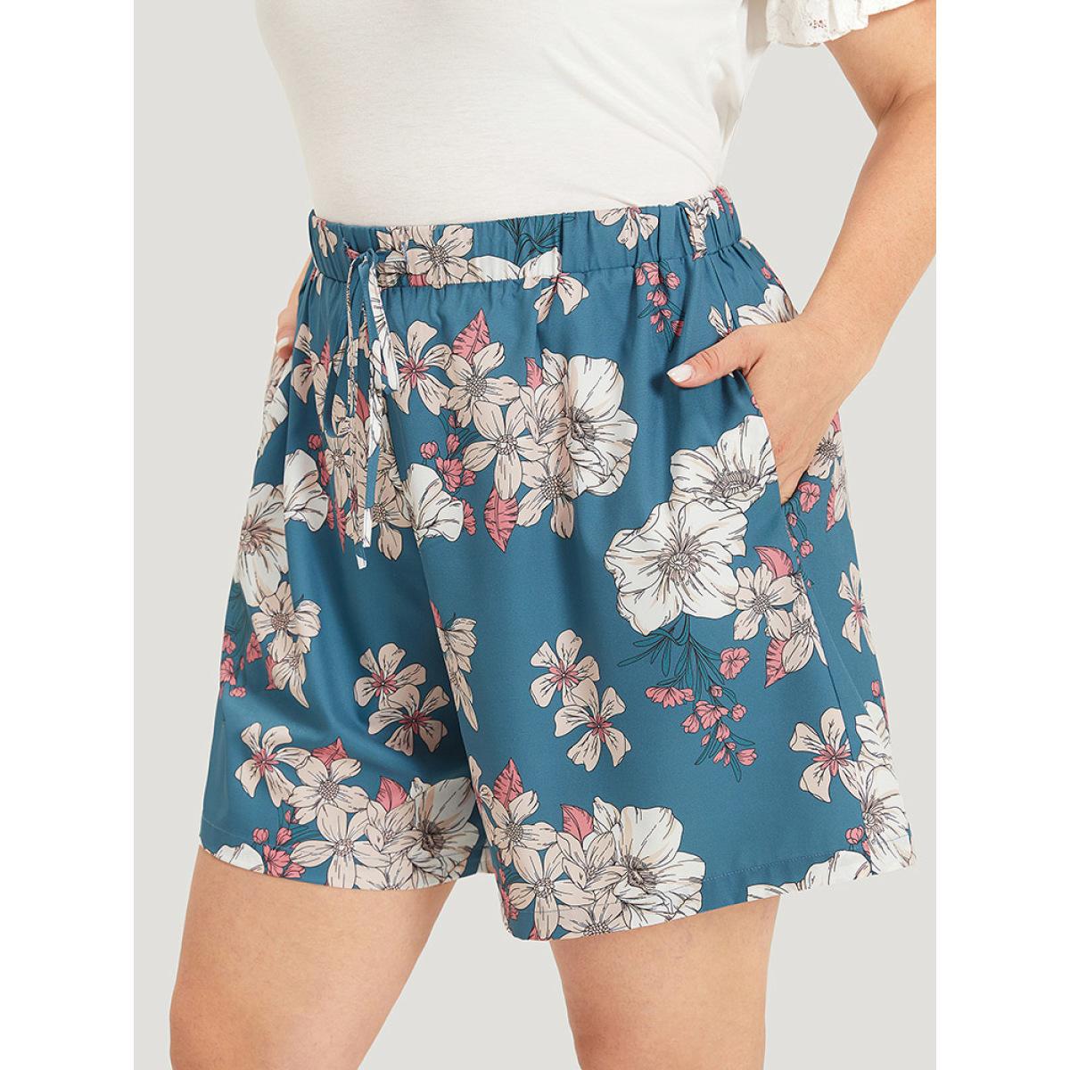 Plus Size Floral Print Pocket Ties Elastic Waist Shorts Women Cerulean Elegant Elastic Waist Dailywear Shorts BloomChic 14-16/1X Product Image