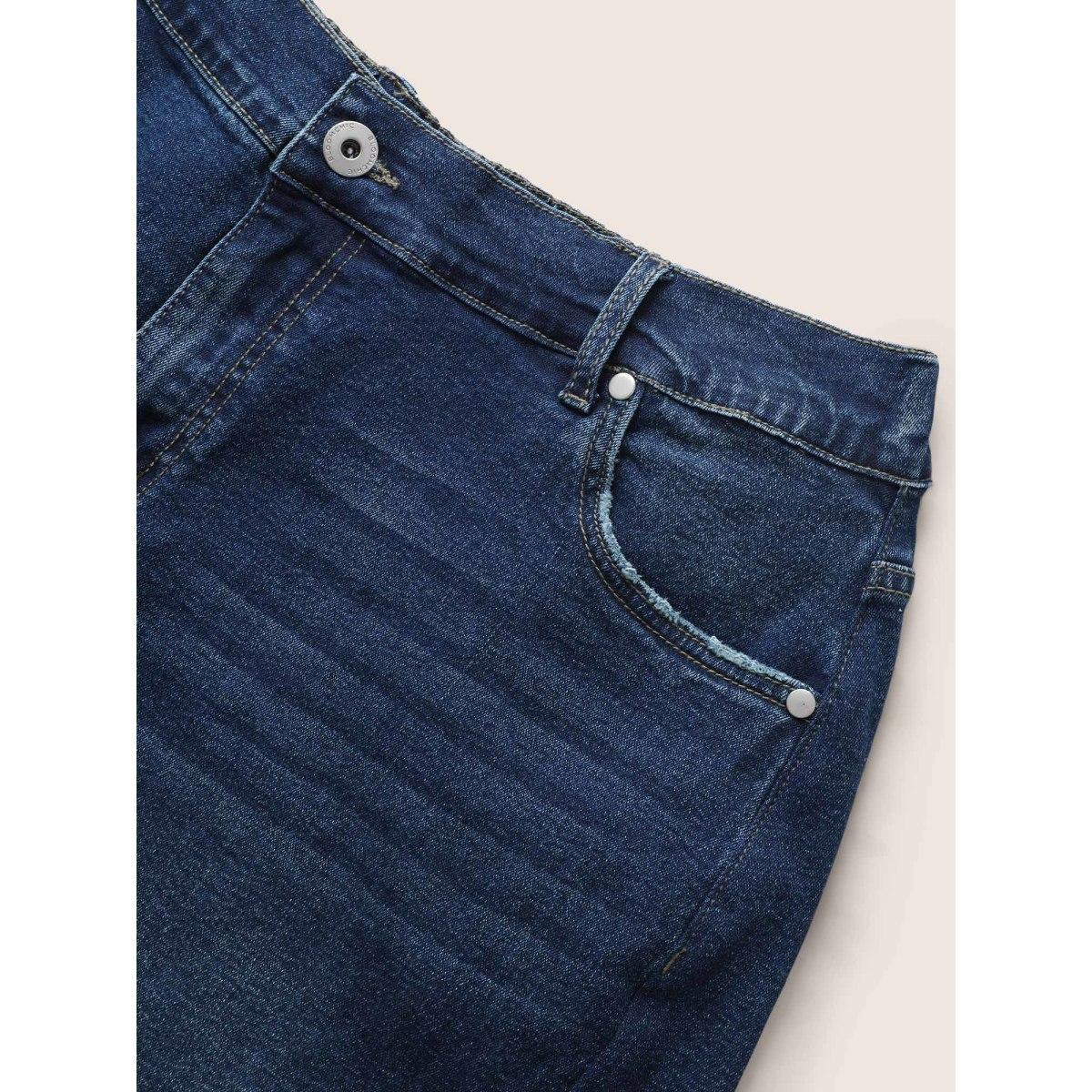 Plus Size Dark Wash Roll Hem Button Up Denim Shorts Women Denimblue Roll Hem High stretch Everyday Slanted pocket Casual Denim Shorts BloomChic 24/3X Product Image