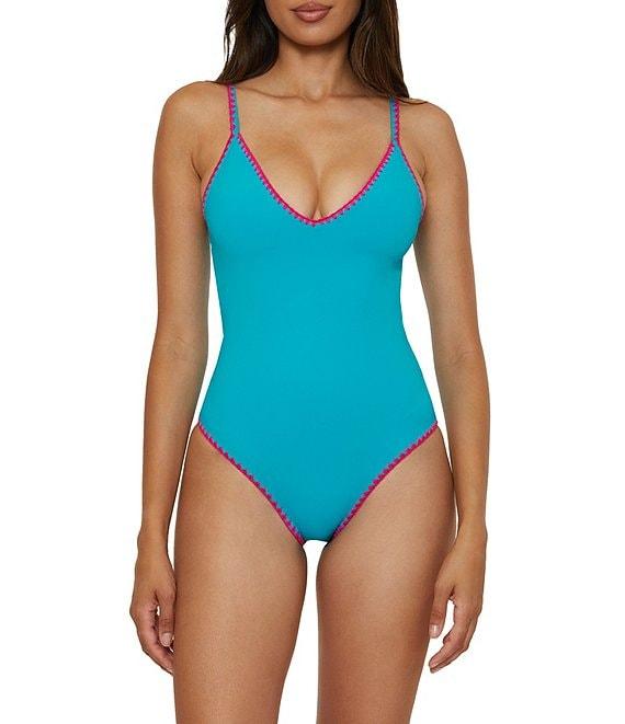 Lucky Brand Marbella Contrast Shell Stitch V-Neck One Piece Swimsuit Product Image