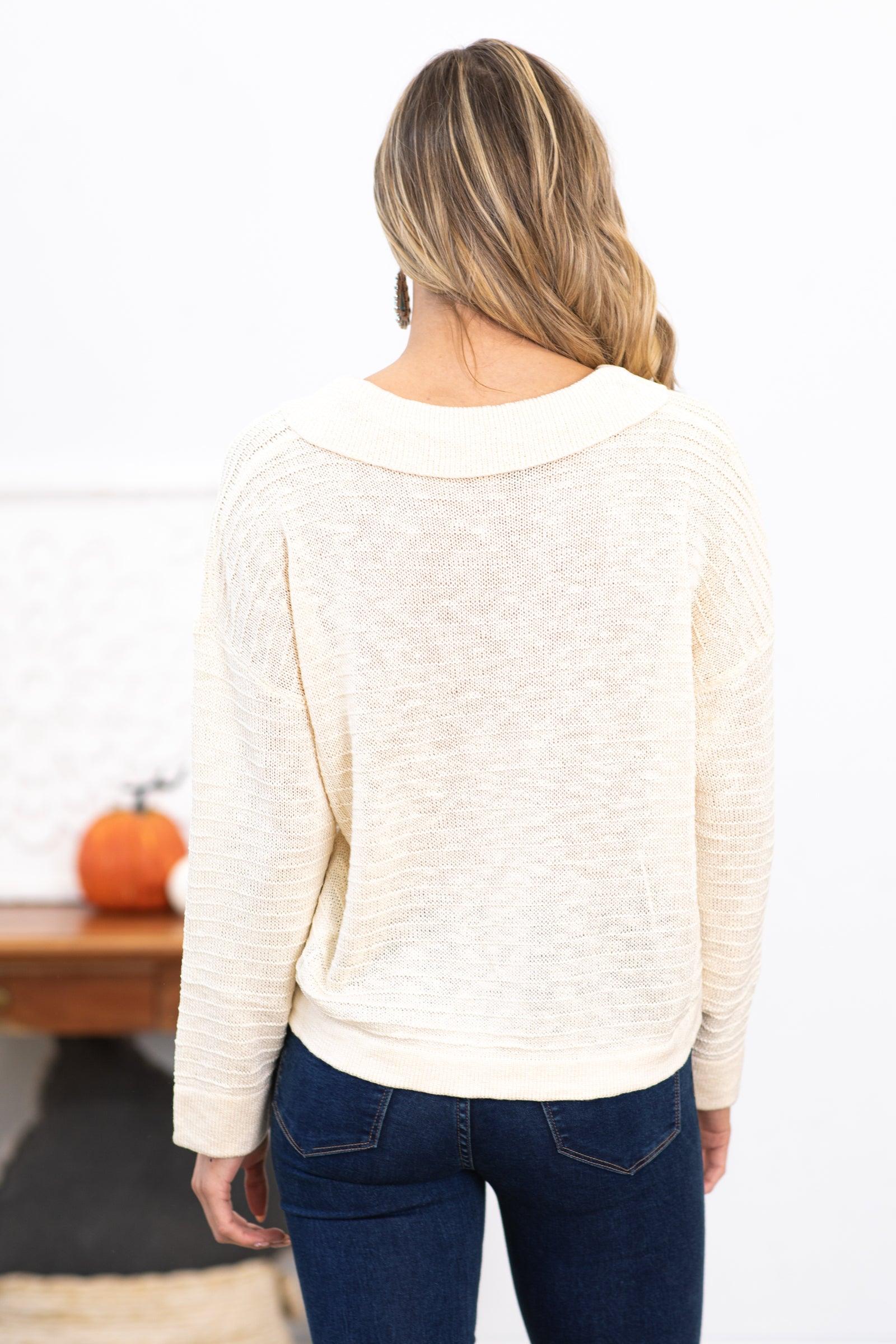 Cream Textured Sweater With Collar Product Image
