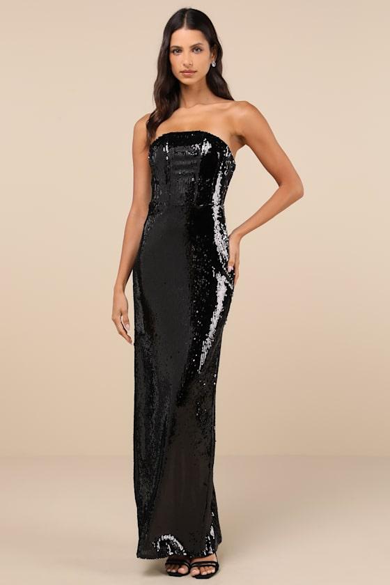 Dazzling Extravagance Black Sequin Strapless Bustier Maxi Dress Product Image