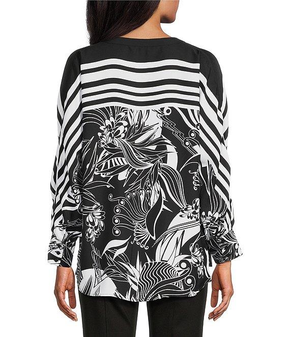 Slim Factor by Investments Stylized Floral Border Print Long Sleeve Split V-Neck Top Product Image