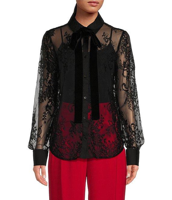 A Loves A Poplin Point Collar Bow Tie Neck Sheer Illusion Lace Long Sleeve Button Front Shirttail Blouse Product Image