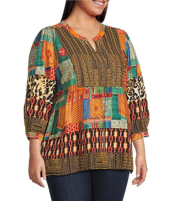 Calessa Plus Size Embroidered Patchwork Split V-Neck 3/4 Sleeve Tunic Product Image