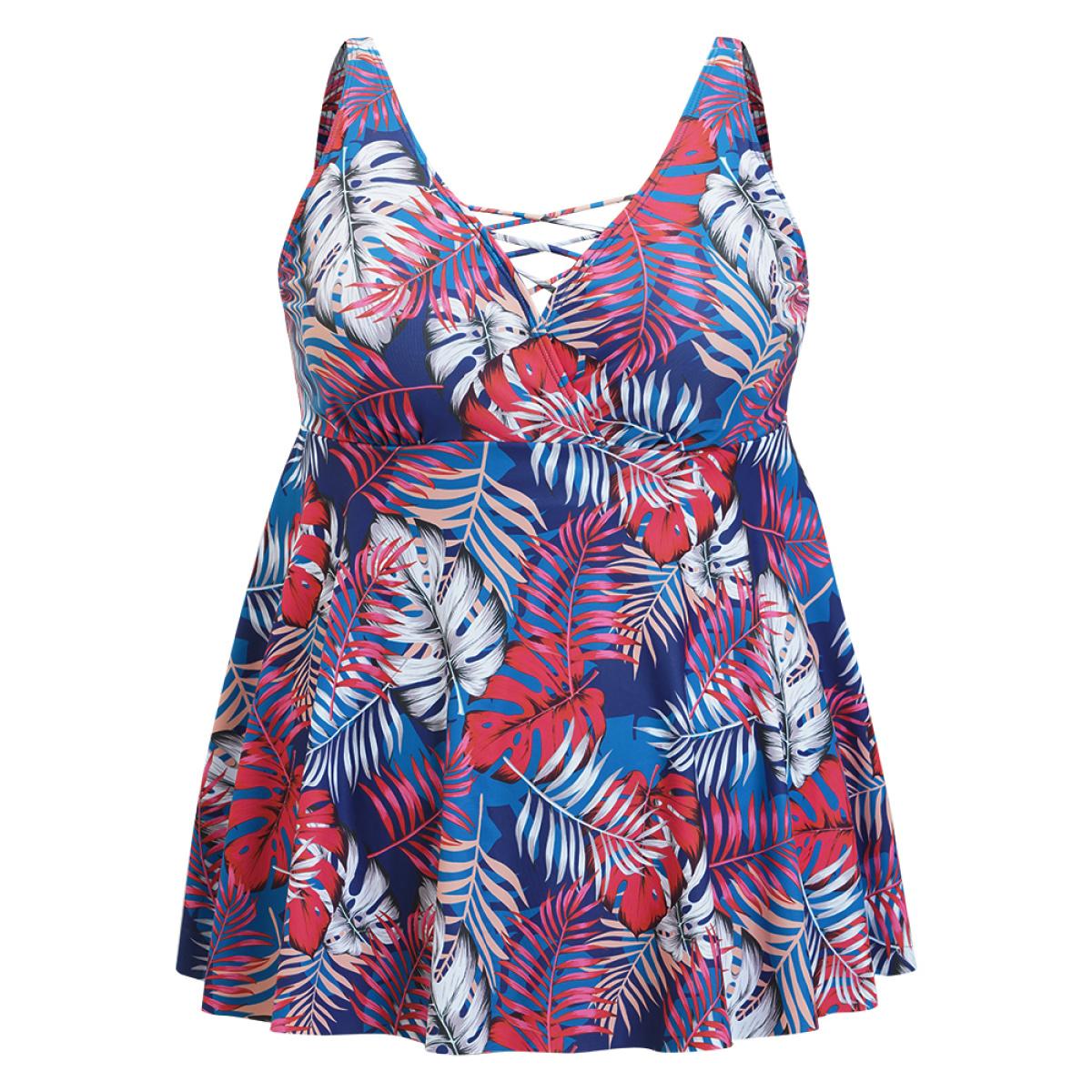 Plus Size Tropical Print Wrap Ruffles Crisscross Swim Dress Women's Swimwear Indigo Vacation Bodycon V-neck High stretch Curve Swim Dresses BloomChic 30/6X Product Image