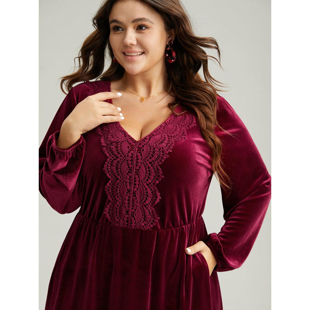 Plus Size Velvet Lace Panel Elastic Cuffs Dress Burgundy Women Elegant Elastic cuffs V-neck Long Sleeve Curvy Midi Dress BloomChic 12/L Product Image