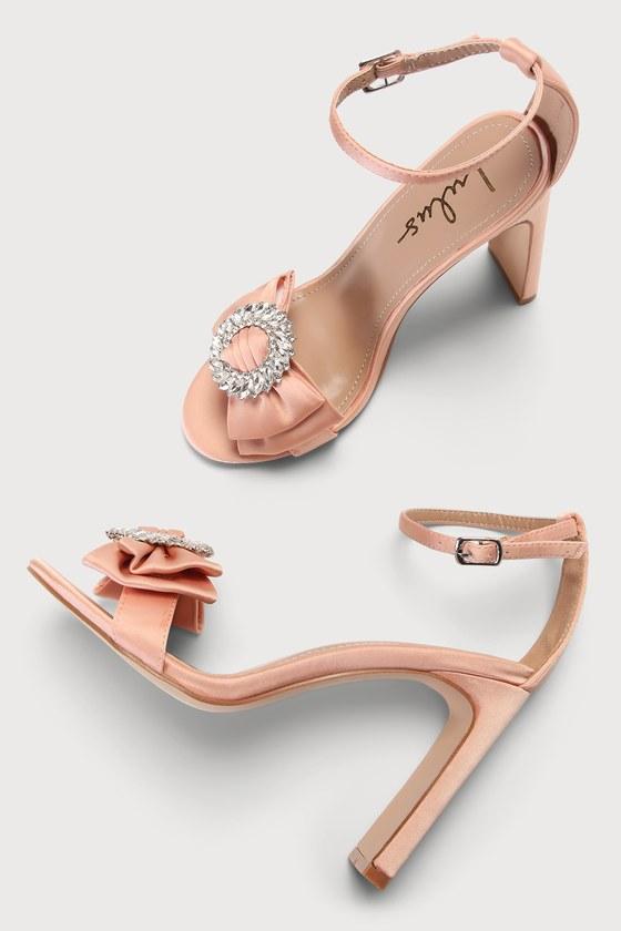 Genesisy Champagne Satin Rhinestone High Heel Sandals Product Image