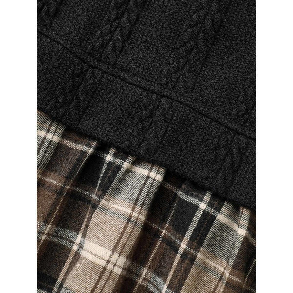 Plus Size DarkBrown Plaid Patchwork Texture Lantern Sleeve Blouse Women Elegant Long Sleeve Shirt collar Everyday Blouses BloomChic 22-24/3X Product Image