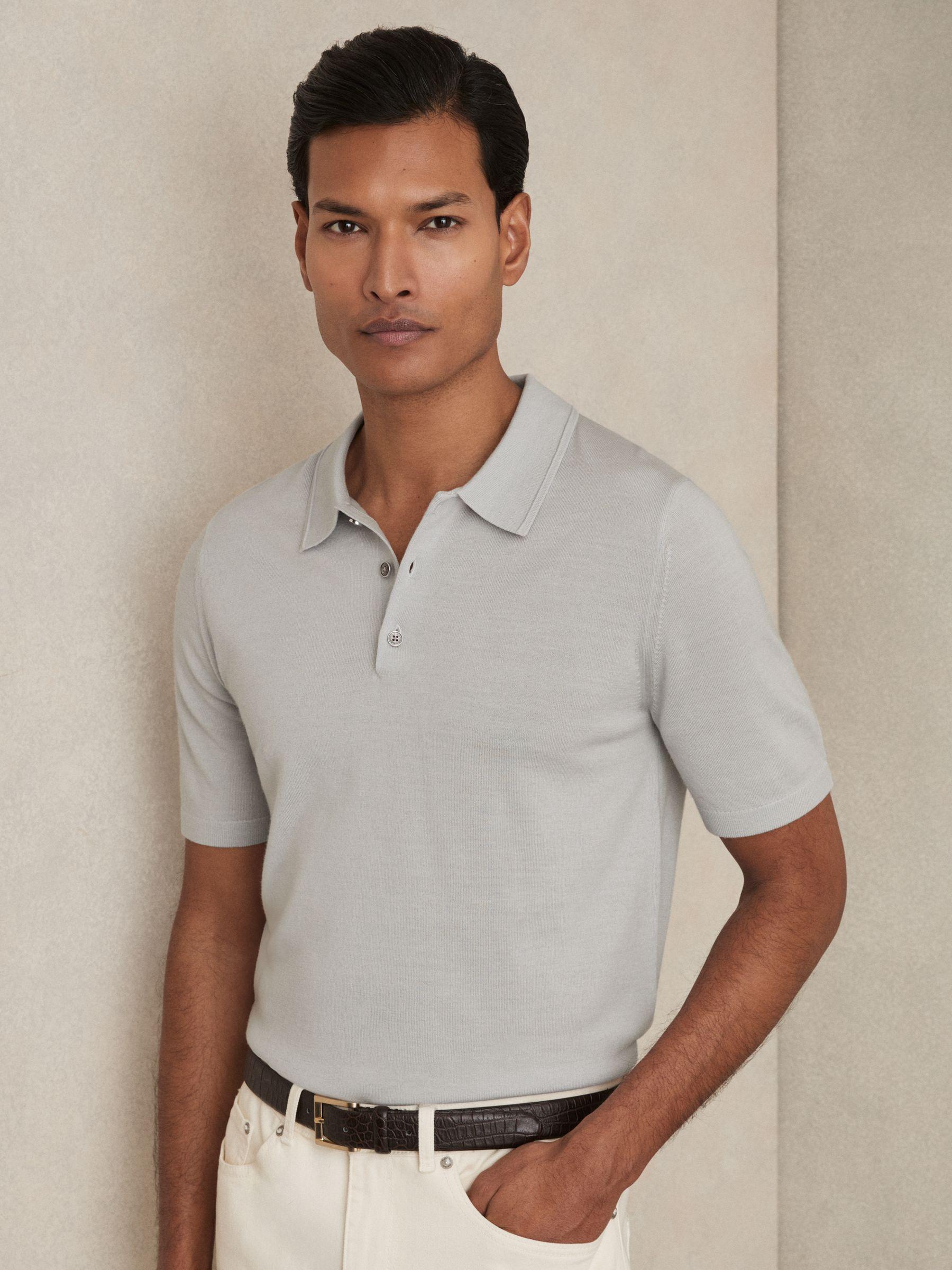 Merino Wool Short-Sleeve Polo Shirt in Iced Blue Product Image