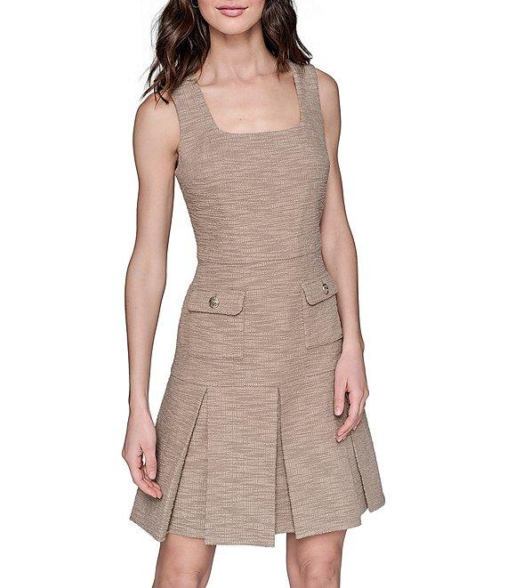 KARL LAGERFELD PARIS Tweed Square Neck Pleated Dropwaist Dress Product Image