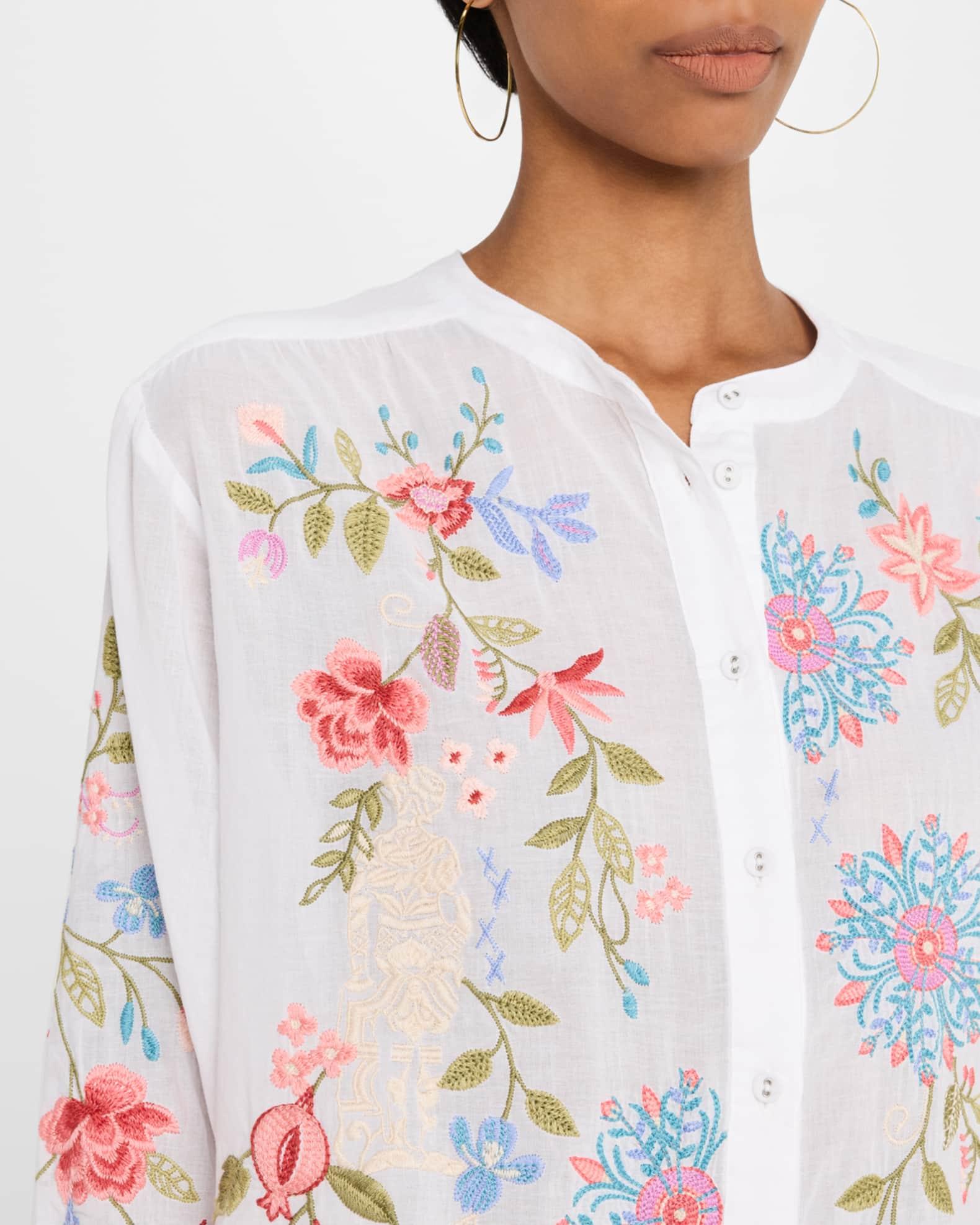 Shirred Floral-Embroidered Cotton Blouse Product Image