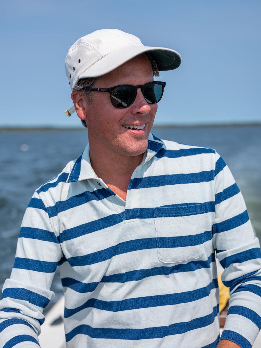 Long Sleeve Indigo Polo in Blue/Antique White Wide Stripe Product Image