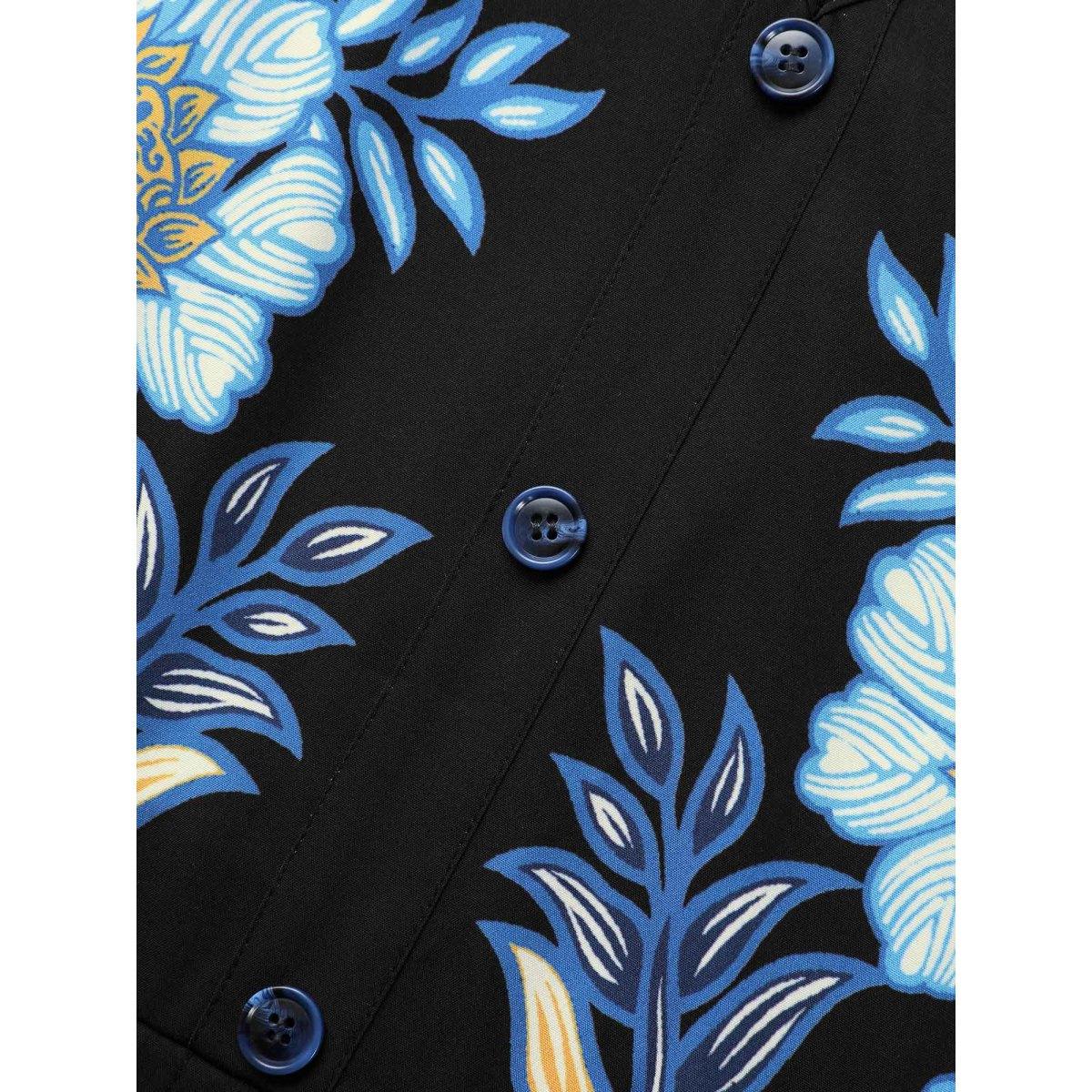 Plus Size Boho Print Lantern Sleeve Midi Dress BlackFlower Women Elegant Button V-neck Elbow-length sleeve Curvy BloomChic 22-24/3X Product Image