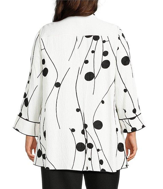 Multiples Plus Size Crinkle Woven Embriordered Point Collar 3/4 Sleeve Hi-Low Hem Button Front Shirt Product Image