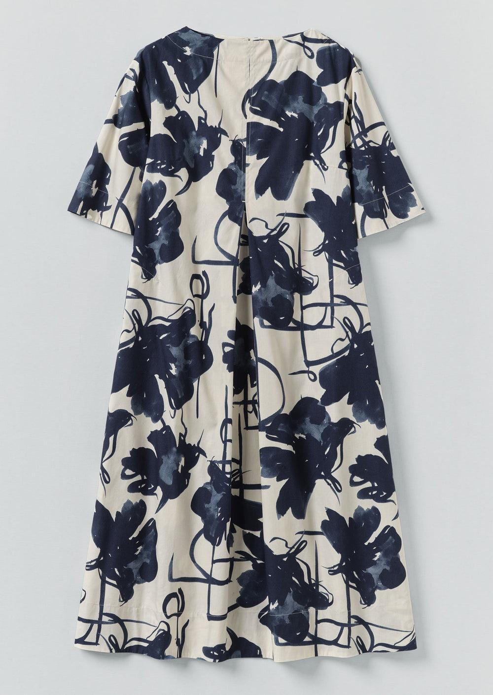 Pen And Ink Print Cotton Poplin Dress | Ink Blue Product Image