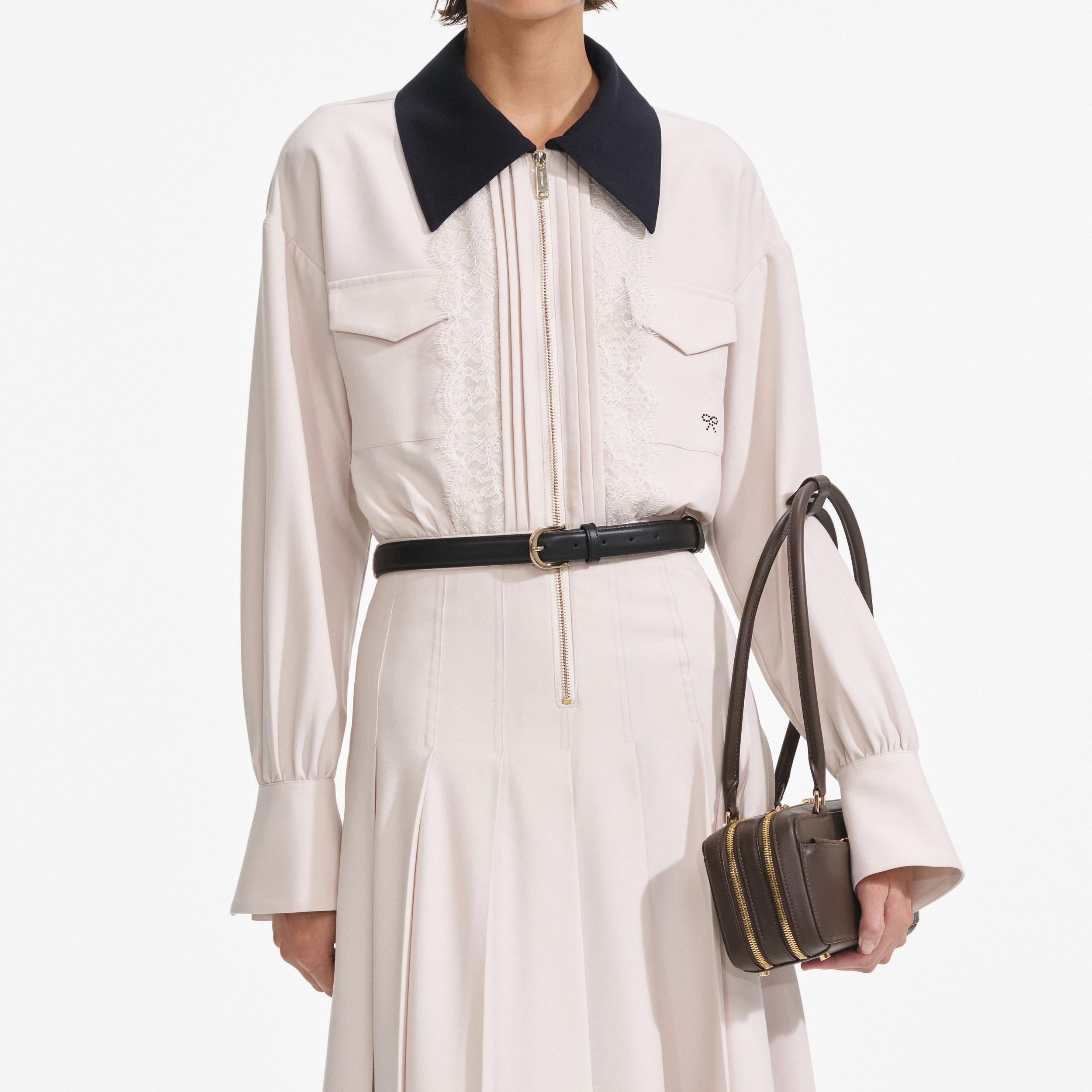 Cream Twill Contrast Collar Midi Dress Product Image