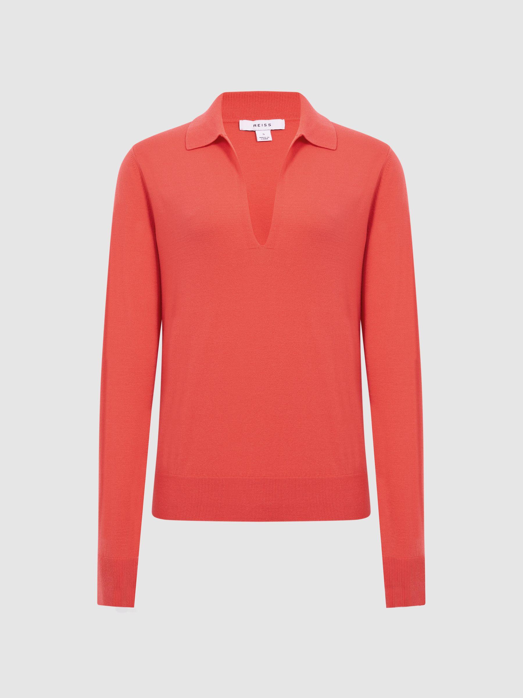 Knitted Collared V-Neck Top in Coral Product Image