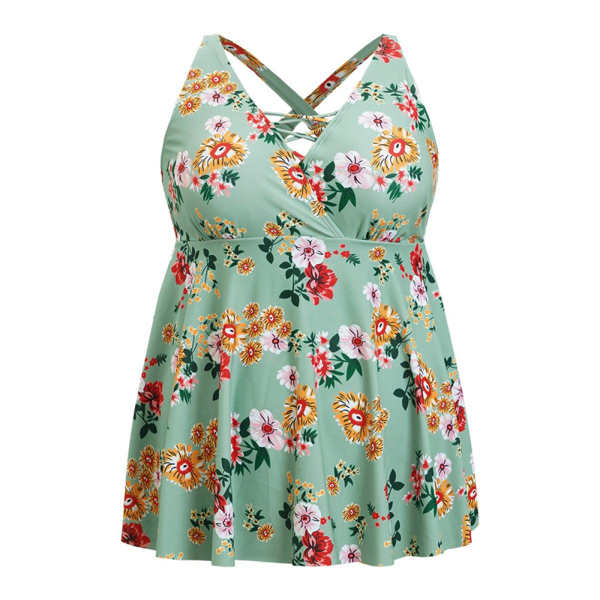 Plus Size Floral Crisscross Surplice Neck Flutter Hem Swim Dress Women's Swimwear Mint Vacation Bodycon V-neck High stretch Curve Swim Dresses BloomChic 14-16/1X Product Image