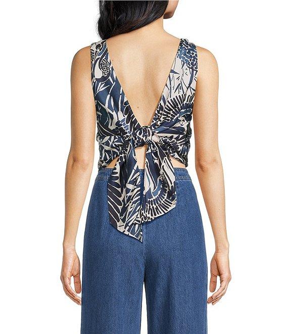 Trina Turk Hakuto Printed Satin Boat Neck Sleeveless Tie Back Top Product Image